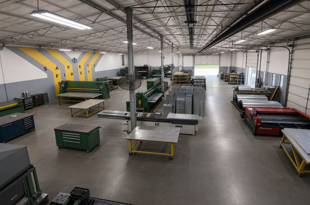 Spacious sheet metal fabrication workshop with manufacturing machinery, metal coils, workbenches, and a "Safety First" wall graphic.